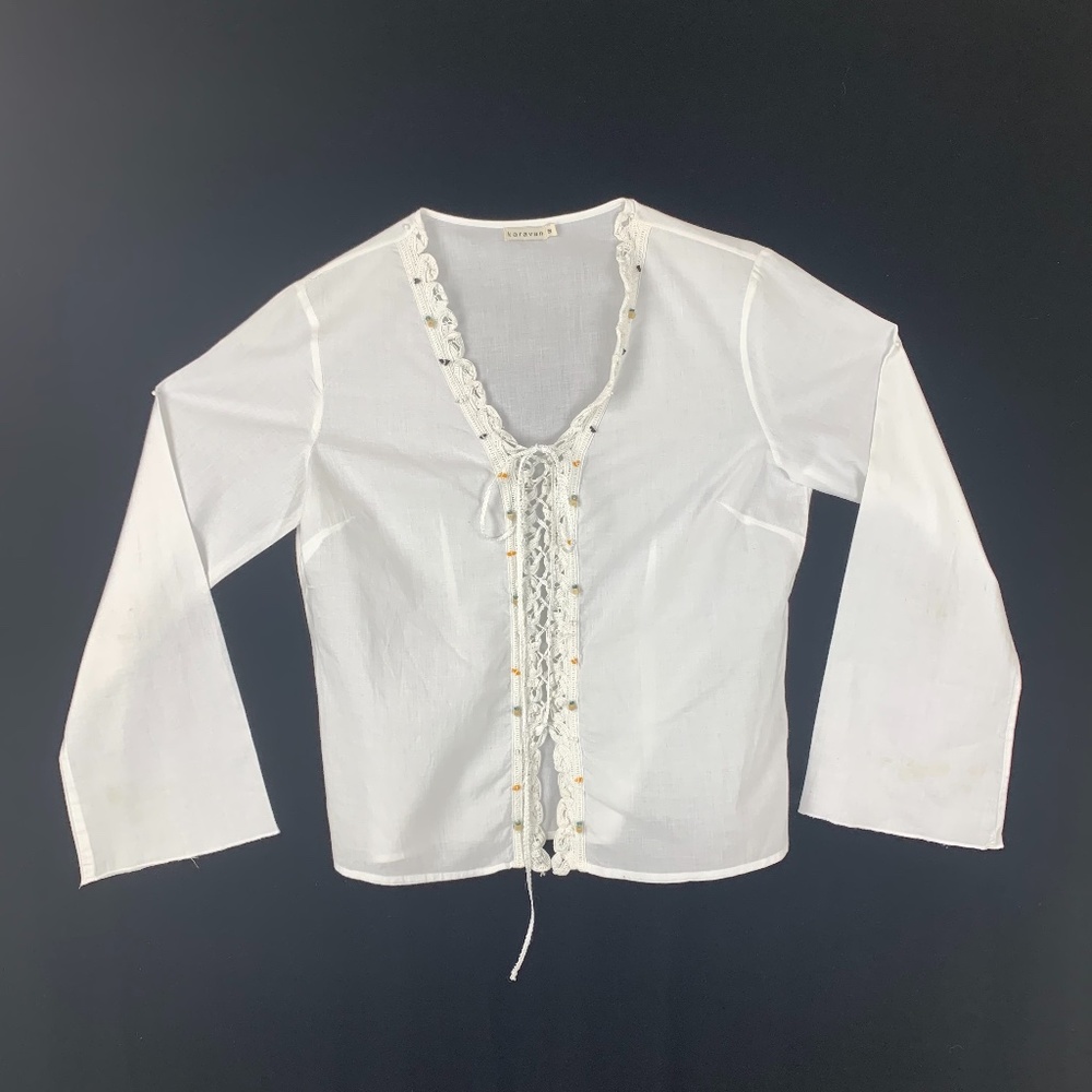 White Lace Up Front Blouse S Beads Bell Sleeves